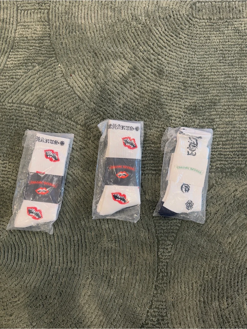 White Graphic Crew Socks with Red Lip Accent - chrome heart sock